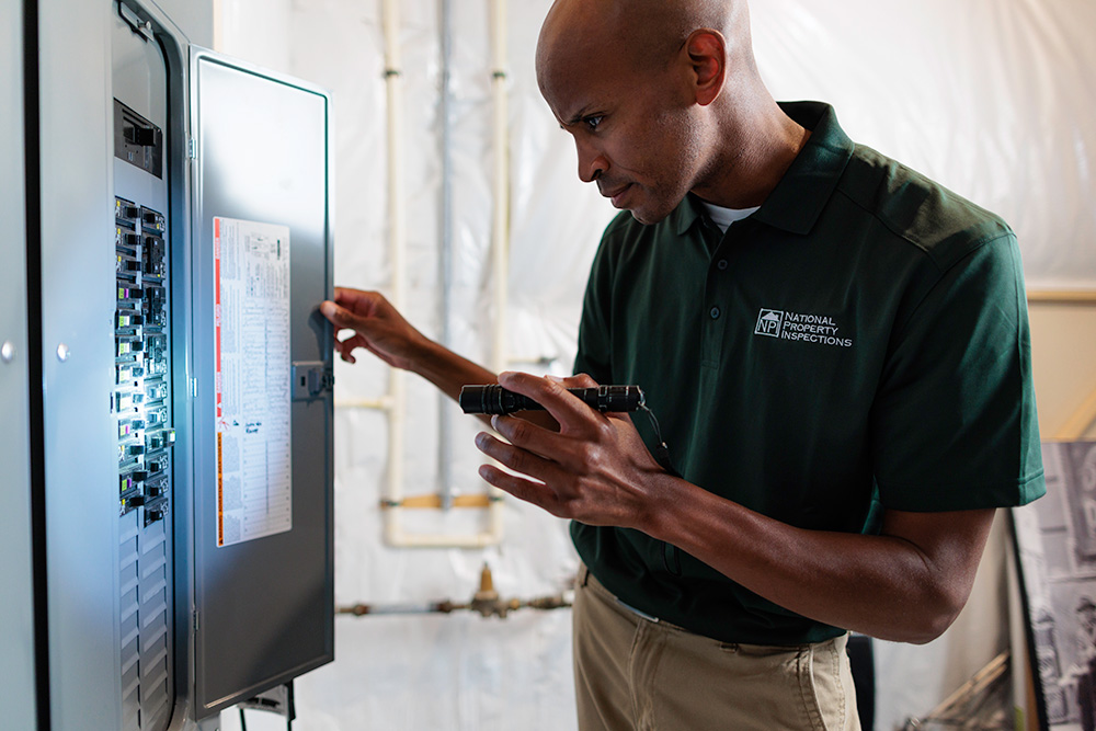 An NPI inspector opens an electrical panel and examines the breakers.