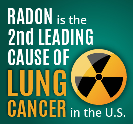 A green graphic explaining that Radon is the 2nd leading cause of lung cancer in the U.S. with a yellow and black radiation symbol.