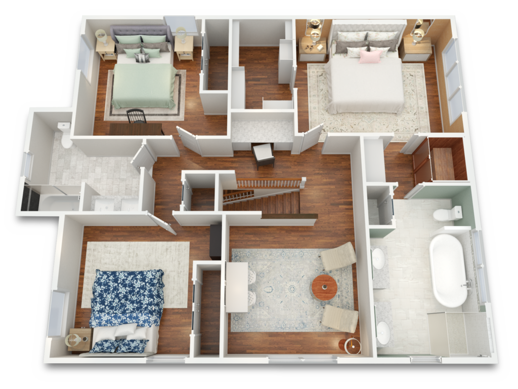 3d floor plan showing all furniture in each room and realistic materials such as wood floors and rugs