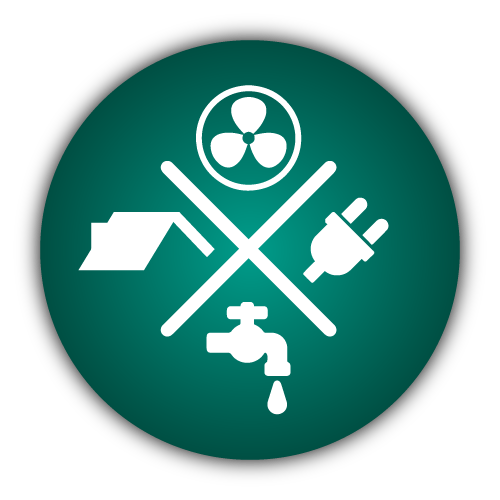 A green icon with divided into four sections with a roof, a fan, an electrical plug, and a faucet.