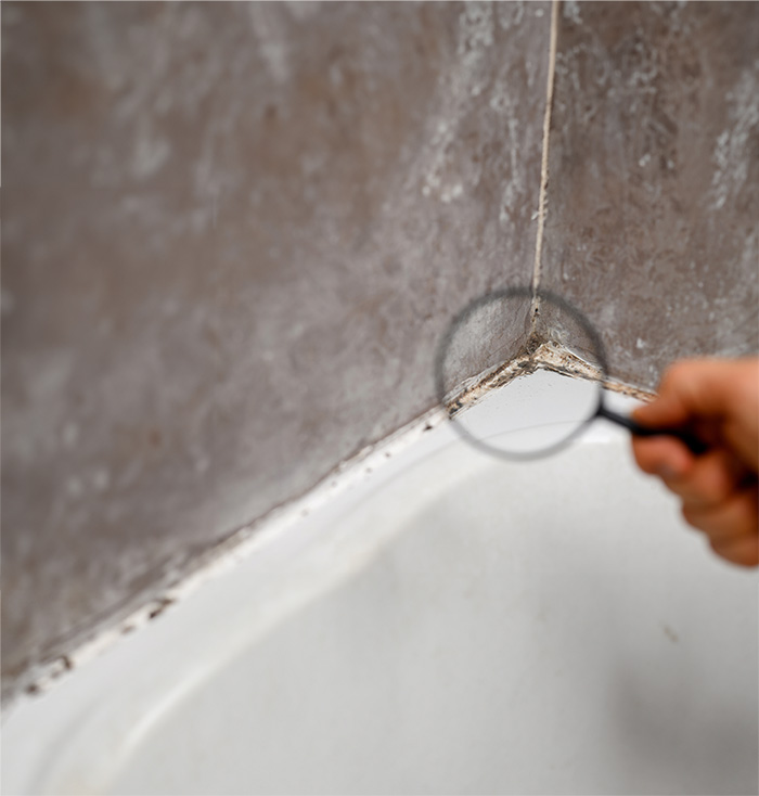 A small magnifying glass is held up to a dirty corner of a bathroom with signs of mold.