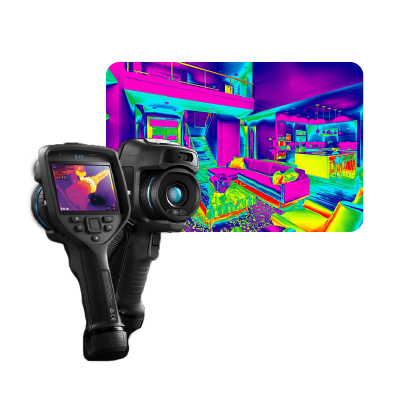 Two infrared cameras posed in front of a thermal image scan of a living room.